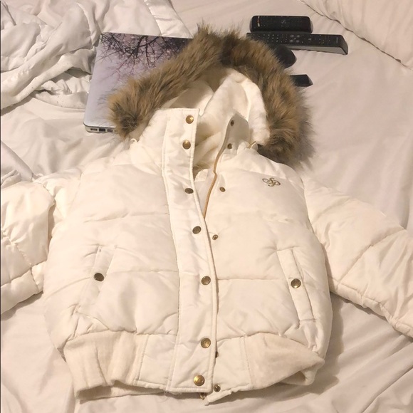 white jacket with fur hood